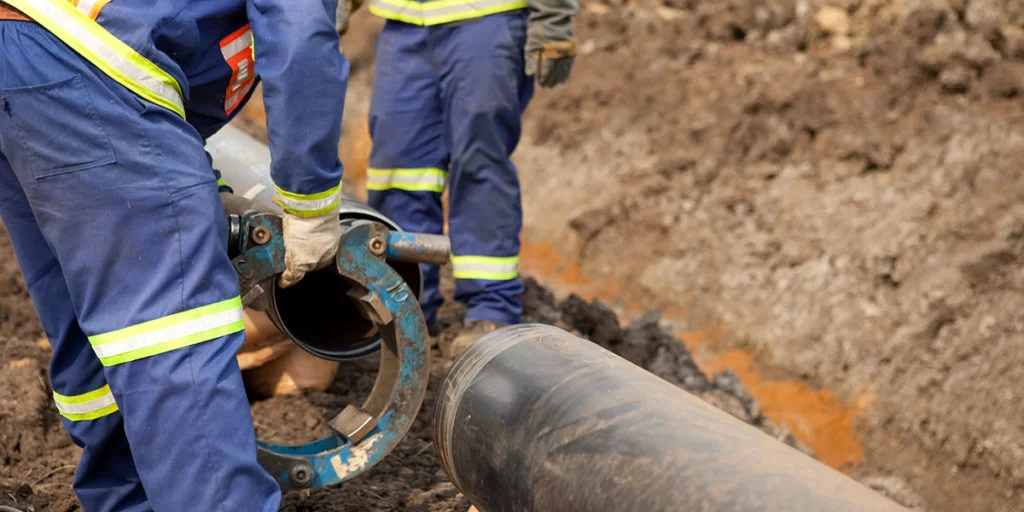 USA Plumbing crew installing a large-diameter commercial sewer main