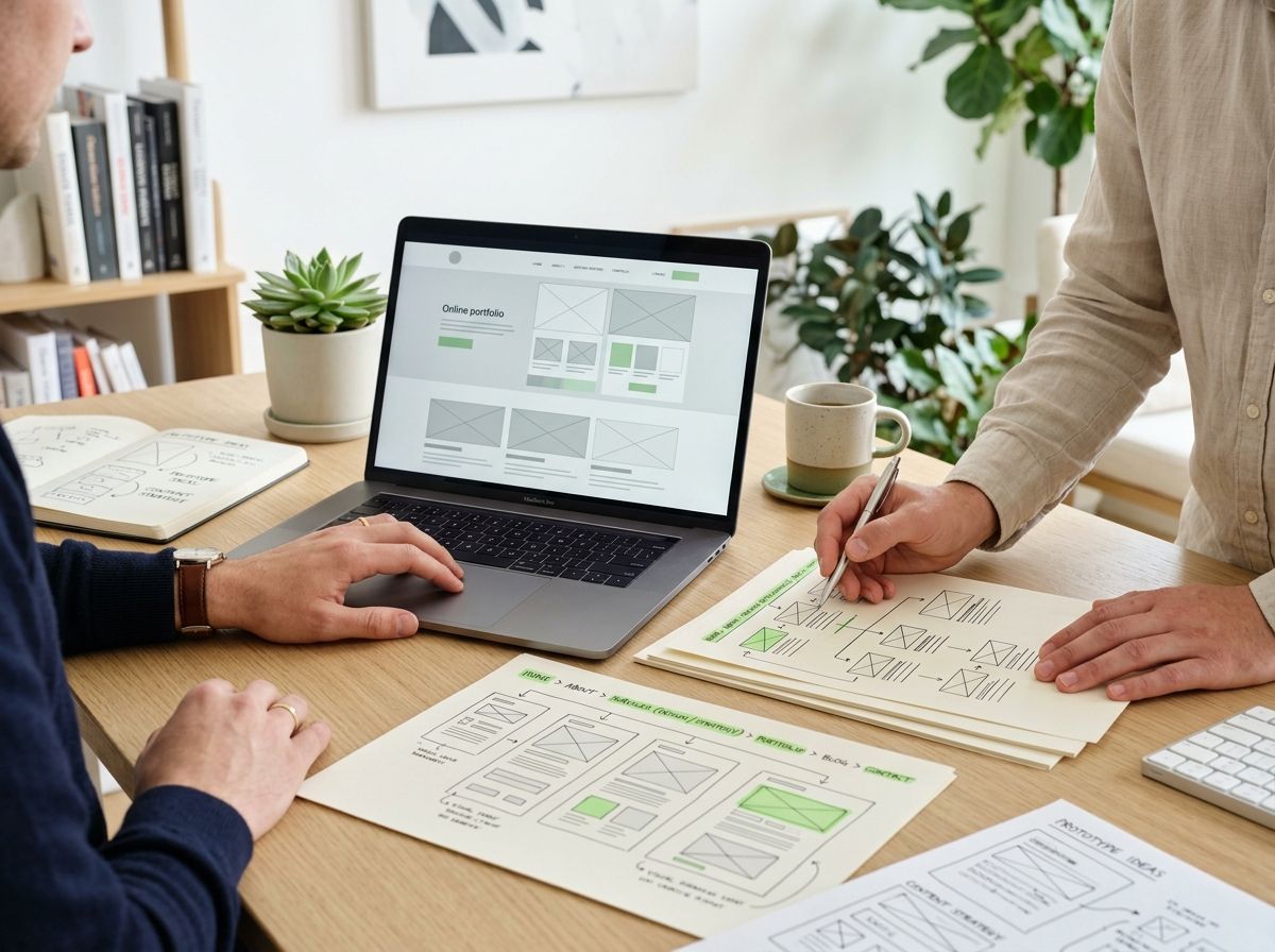 A designer and strategist reviewing a website prototype and content hierarchy notes